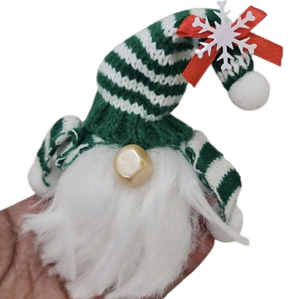 Upcycled Green White Striped Gnome Holiday Ornament Handmade